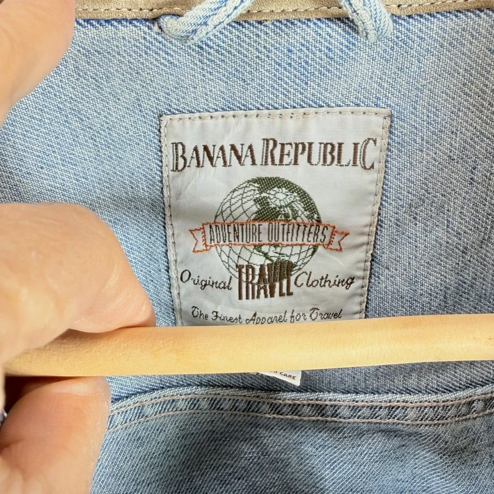 Vintage 80s Banana Republic‎ Adventure Outfitters Denim Jacket Leather Collar XL